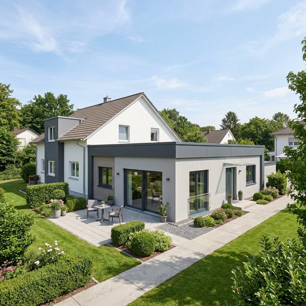 Anbau-Modul WohnModul Anbau 52 des Herstellers WeberHaus mit Flachdach — Fertighaus-Wohnmodul mit 52 m²