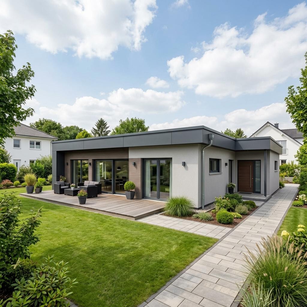 Bungalow Bungalow Flach 102 des Herstellers WEIOTT-Massiv-Haus mit Flachdach — 102 m²