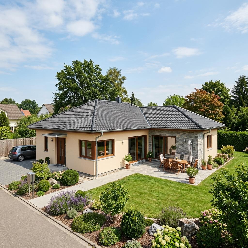 Winkelbungalow Cumulus 770 des Herstellers Heinz des Herstellers Heiden mit Walmdach — Massivbungalow mit rund 146 m²
