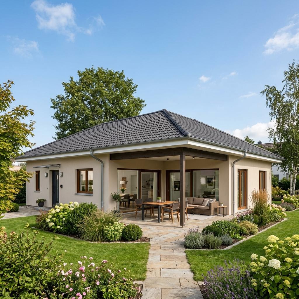 Winkelbungalow Cumulus 962 des Herstellers Heinz des Herstellers Heiden mit überdachter Terrasse und Walmdach — Massivbungalow mit 126 m²