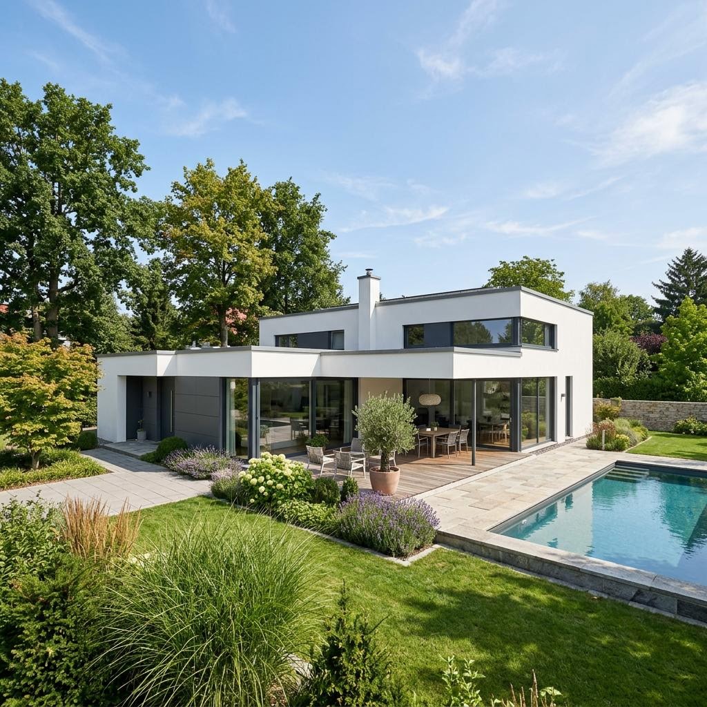 Winkelbungalow Bungalow Purea des Herstellers Kern-Haus im Bauhaus-Stil mit Flachdach — Massivbungalow mit 159 m²