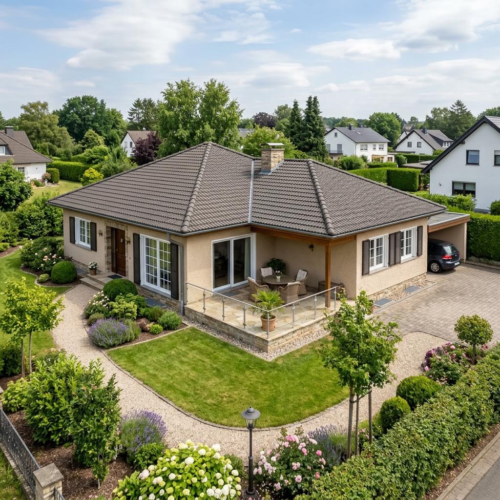 Winkelbungalow 108 des Herstellers Town & Country Haus — massiv errichteter L-förmiger Bungalow mit 108 m² und Walmdach
