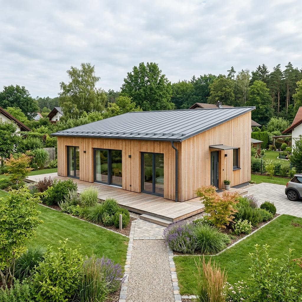 Modulhaus Lärche 64 des Herstellers Wohnwagon — autarkes Massivholzhaus mit Lärchenfassade und 64 m²