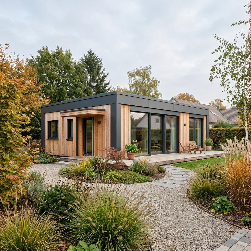 Modulhaus Sonne 52 des Herstellers Wohnwagon — sonnenoptimiertes Massivholzhaus mit Flachdach und 52 m²