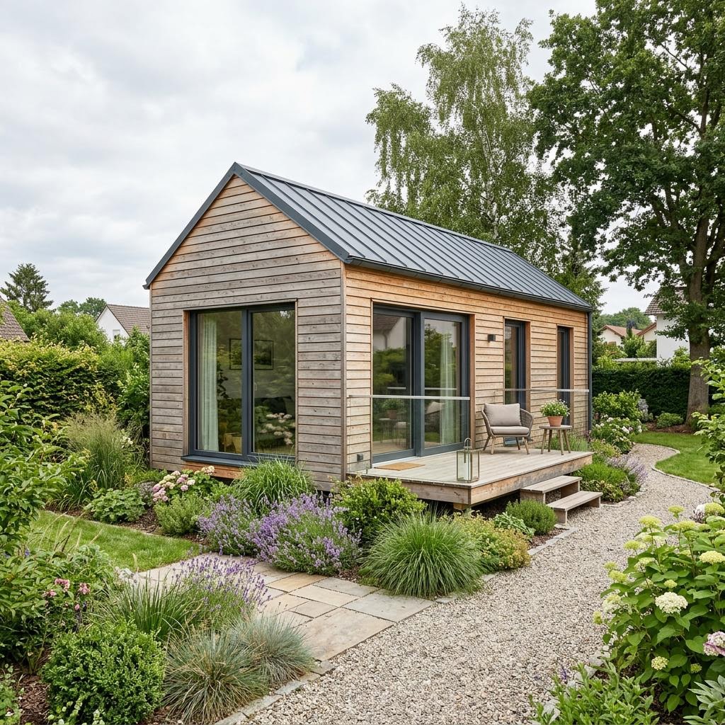 Tiny House Berg 27 des Herstellers Wohnwagon — winterfestes Massivholz-Minihaus mit Satteldach und 27 m²
