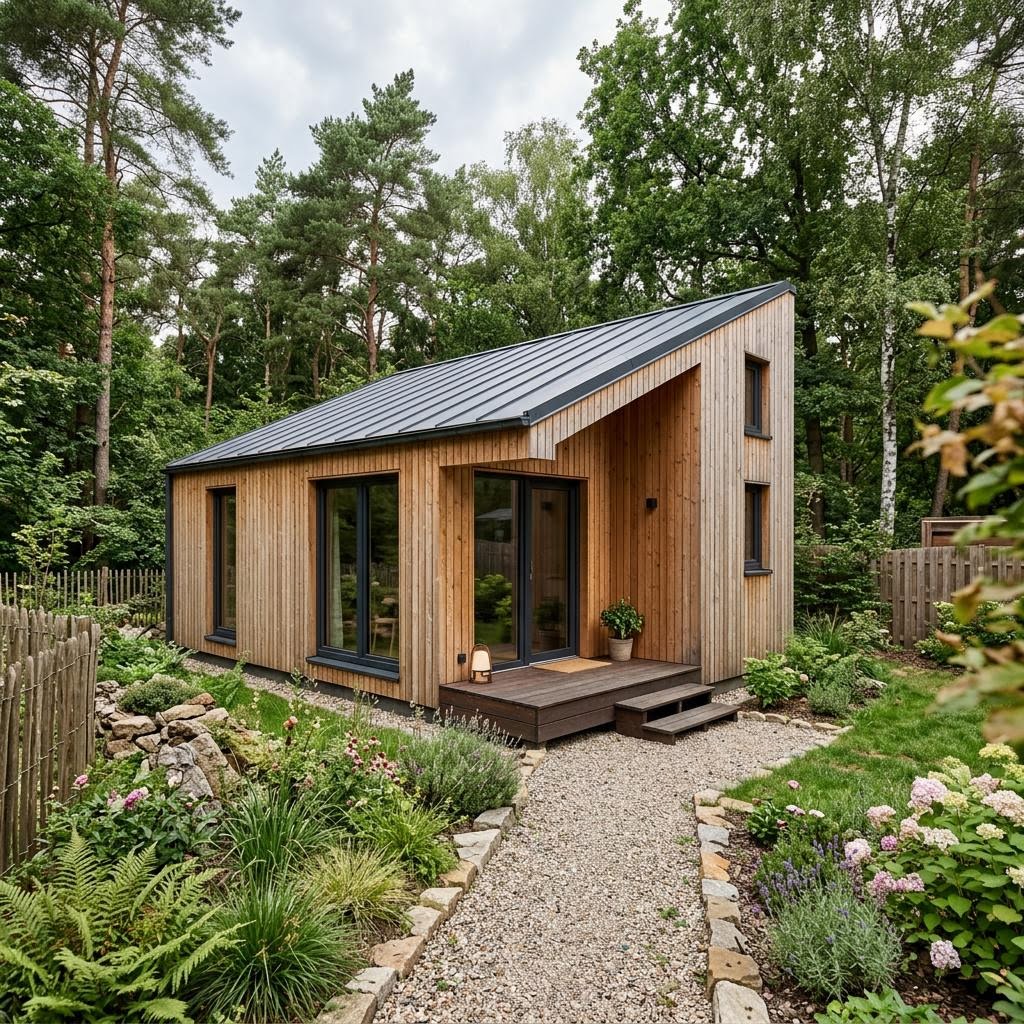 Tiny House Wald 30 des Herstellers Wohnwagon — autarkes Massivholz-Minihaus mit Pultdach und 30 m²