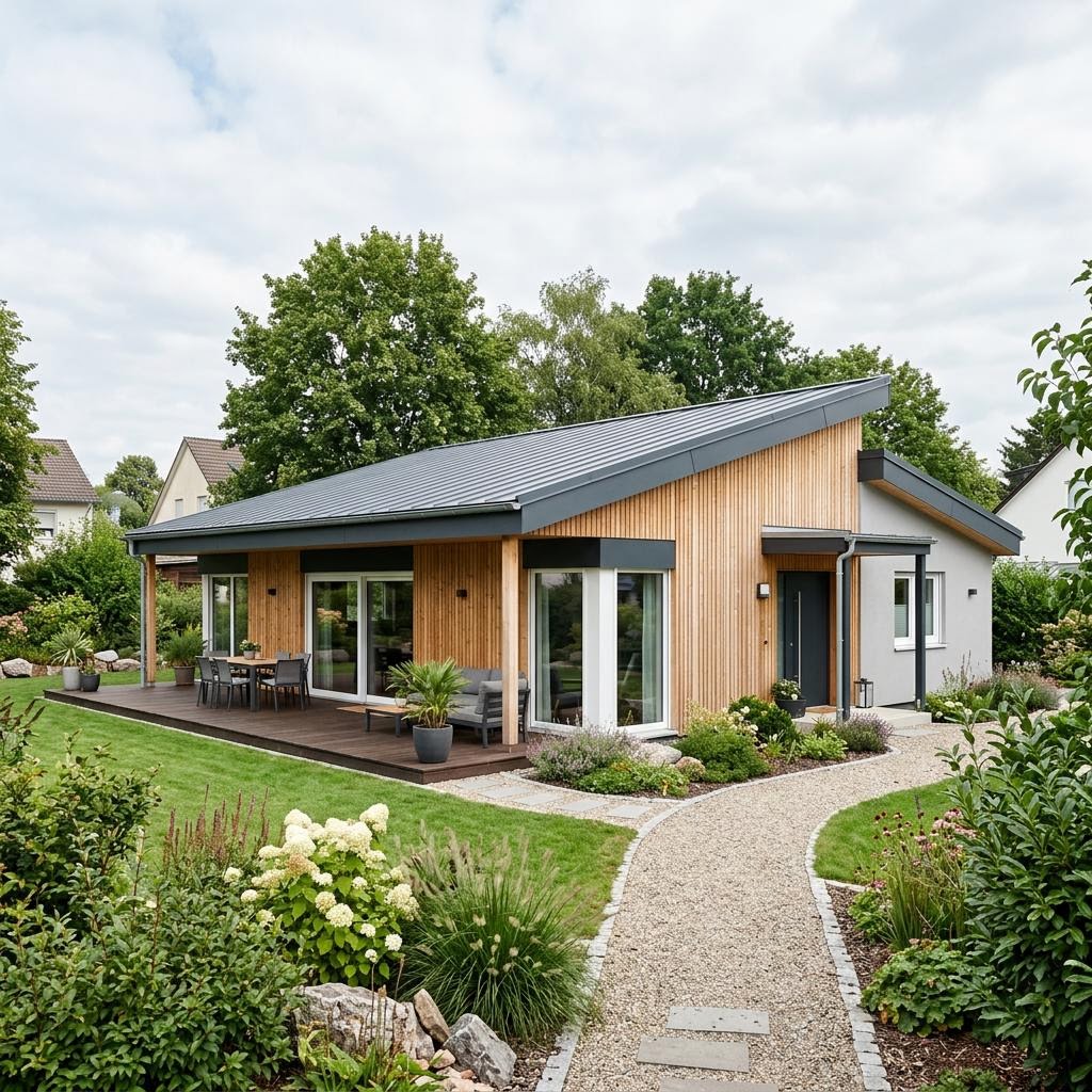 Bungalow Horizont 96 des Herstellers WOLF-HAUS mit Pultdach — platzsparender Holz-Bungalow mit 96 m²