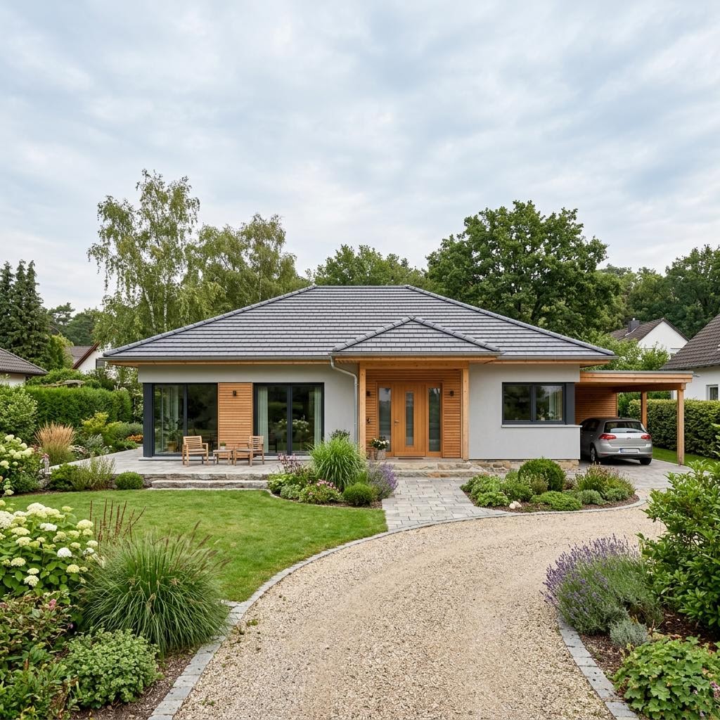 Bungalow Naturform 140 des Herstellers WOLF-HAUS mit Walmdach — weitläufiger Bungalow mit 140 m²