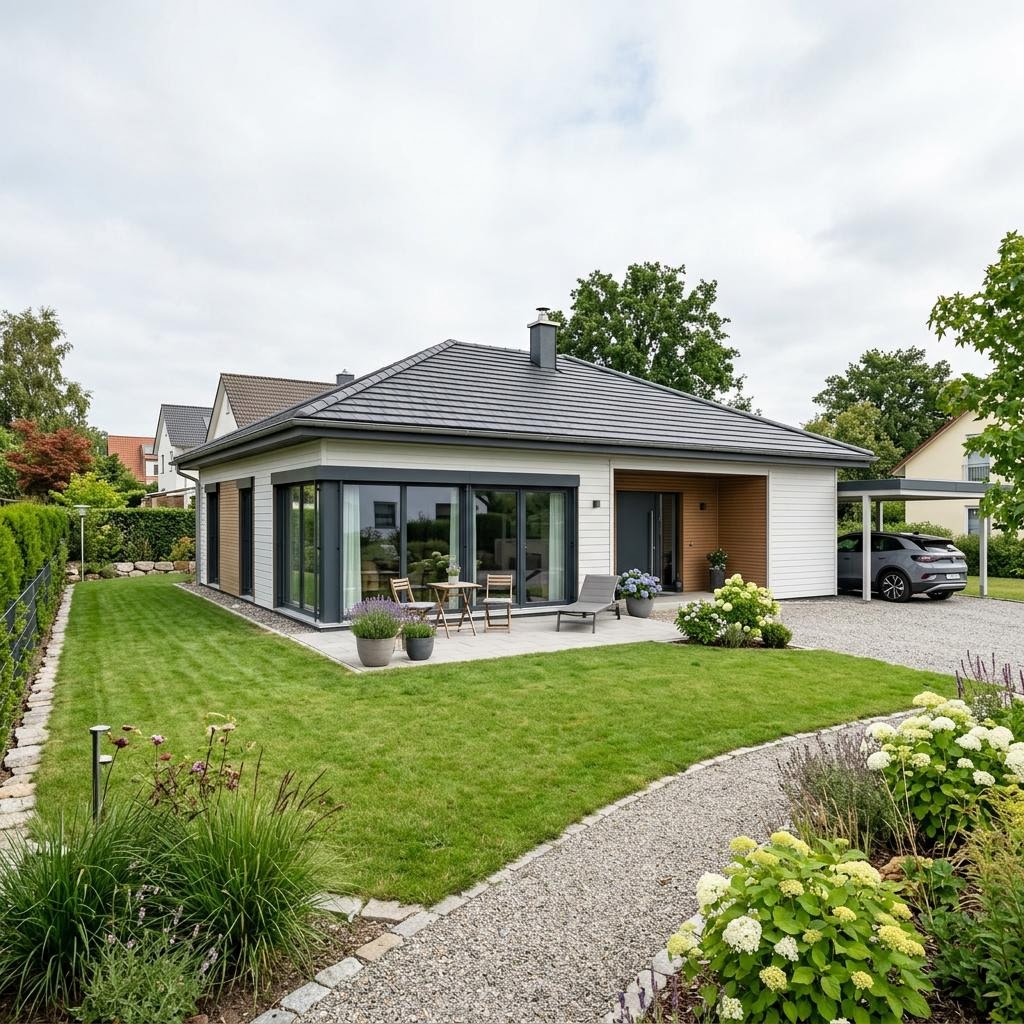 Bungalow Solaris 120 des Herstellers WOLF-HAUS mit Walmdach — energieeffizienter Bungalow mit 120 m²