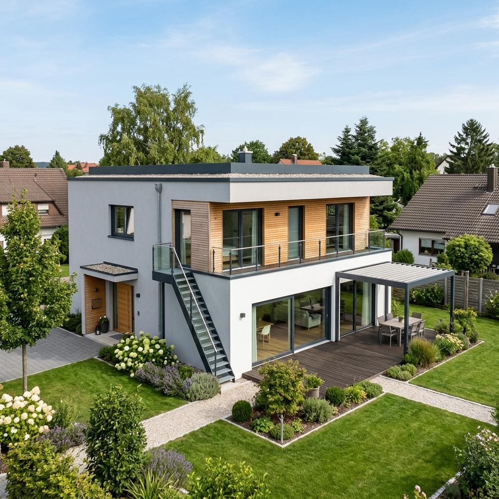Kubushaus Edition 144 des Herstellers WOLF-HAUS mit Flachdach — kubisches Fertighaus im Bauhausstil mit 144 m²