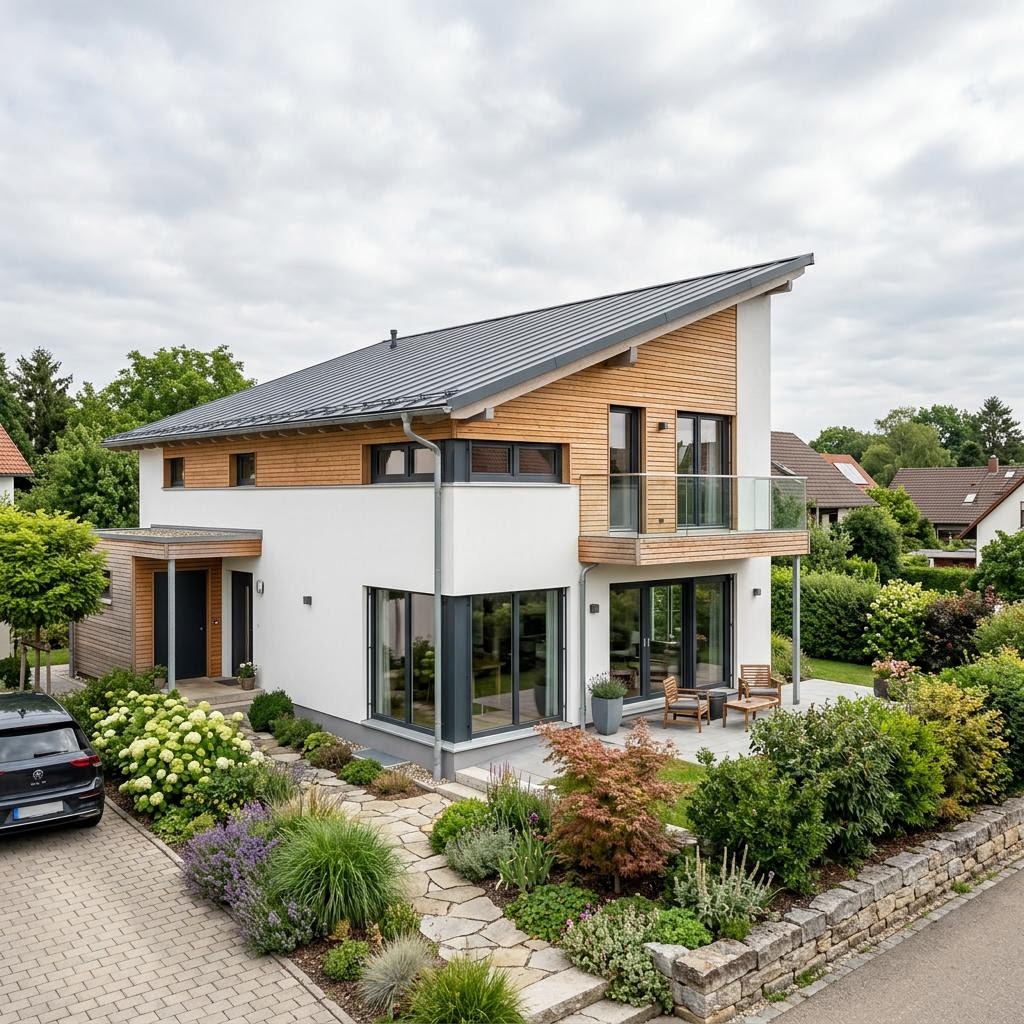 Pultdachhaus PultKlar 148 des Herstellers WOLF-HAUS mit geradliniger Form und Solardach