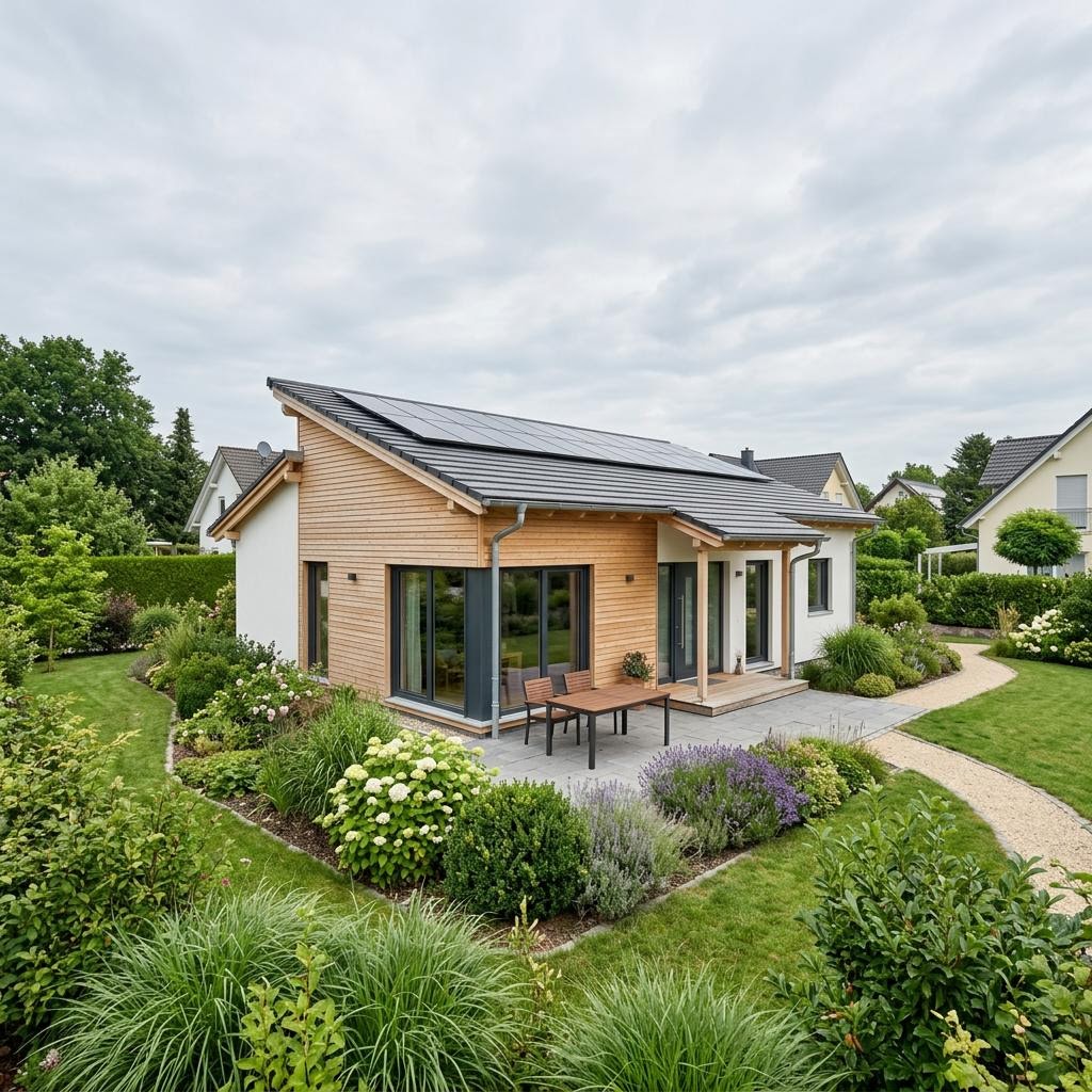 Pultdach-Bungalow PultVita Bungalow 108 des Herstellers WOLF-HAUS mit Solardach und Terrassenzugang