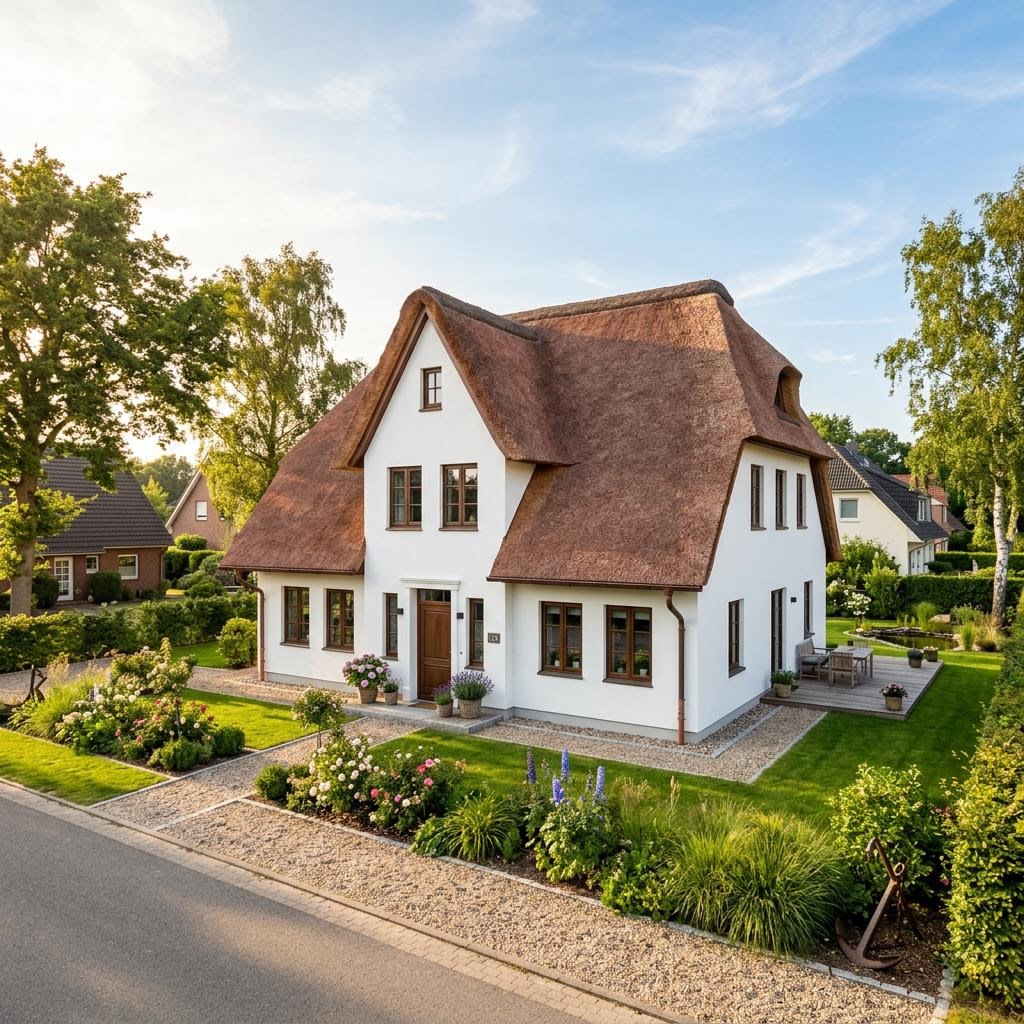 Friesenhaus Reetliebe des Herstellers WOLF-HAUS mit weißer Putzfassade und Sprossenfenstern