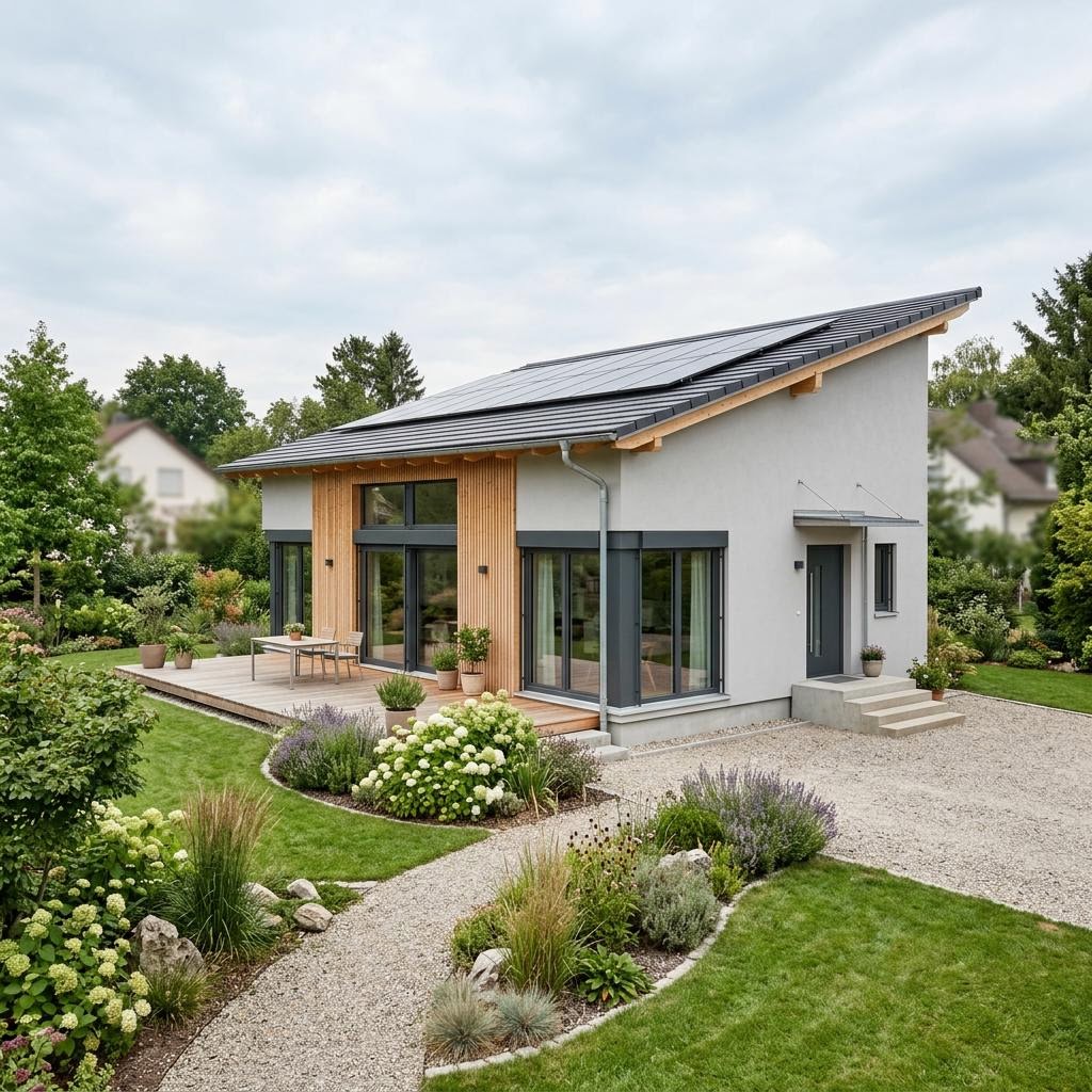 Singlehaus Eco 82 des Herstellers WOLF-HAUS mit Pultdach — energieeffizientes Fertighaus mit 82 m²
