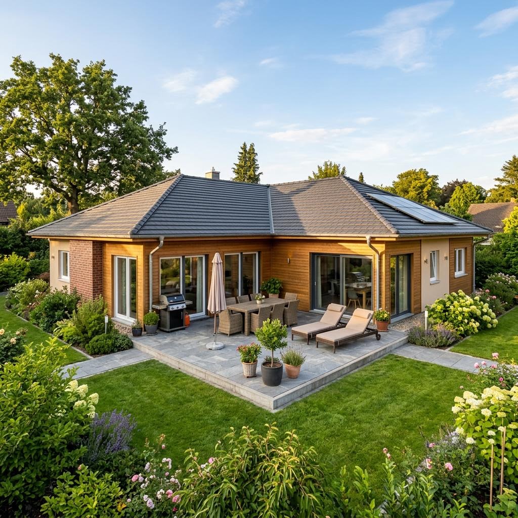 Weitläufiger Winkelbungalow Gartenwinkel 152 des Herstellers wolf-haus mit Walmdach und Gartenterrasse