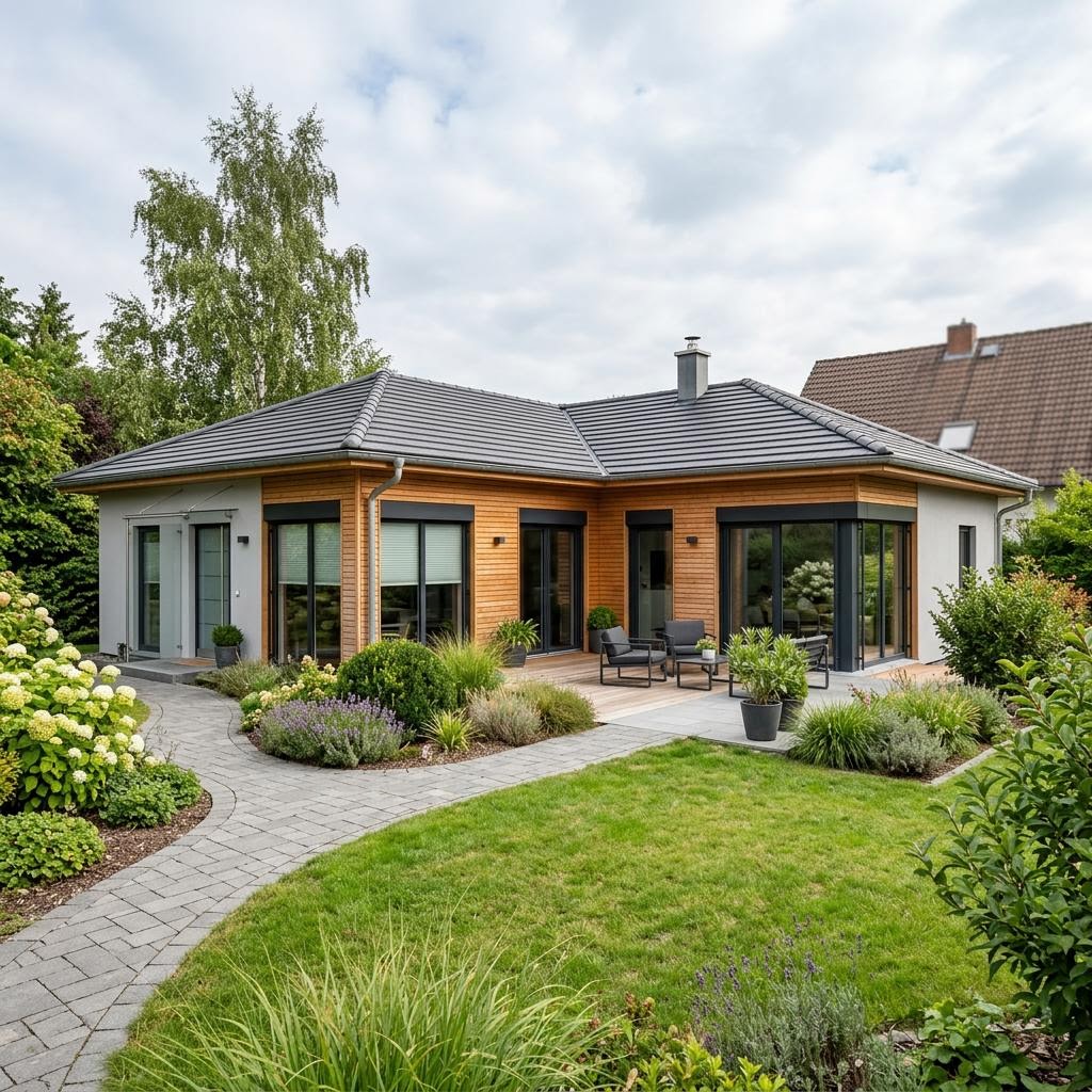 Winkelbungalow Ruhewinkel 130 des Herstellers WOLF-HAUS mit Walmdach — Holz-Winkelbungalow mit 130 m²
