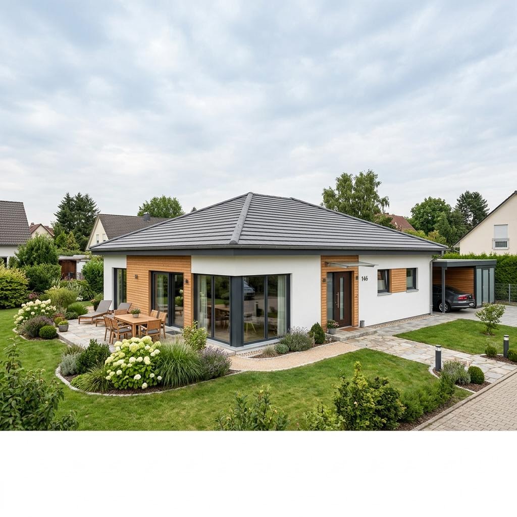 Winkelbungalow Sonnenwinkel 146 des Herstellers WOLF-HAUS mit Walmdach — energieeffizienter Winkelbungalow mit 146 m²