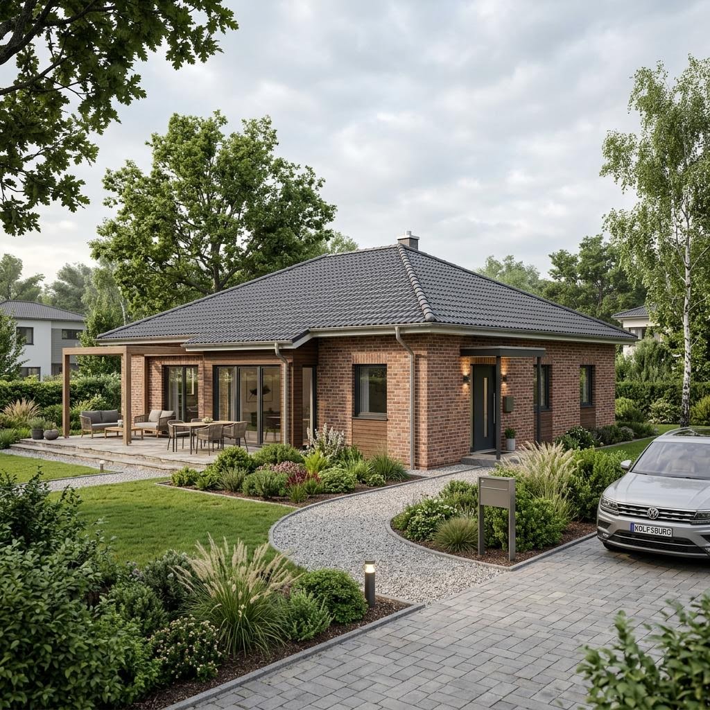 Bausatzhaus Bungalow Massiv 104 des Herstellers Ytong Bausatzhaus mit Walmdach — barrierearmer Massivbungalow mit 104 m²