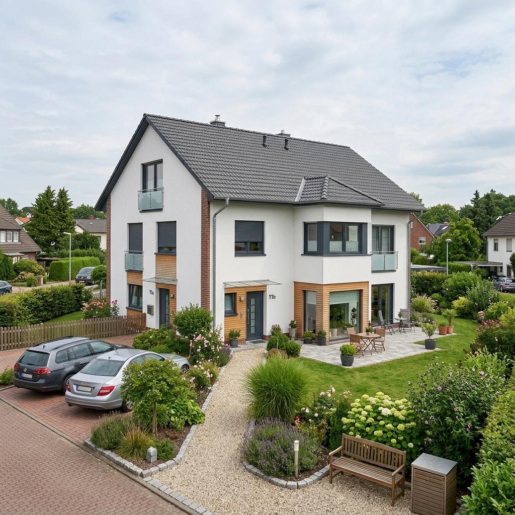 Bausatzhaus Doppelhaus Massiv 116 des Herstellers Ytong Bausatzhaus mit Satteldach — Massiv-Doppelhaus mit 116 m² je Hälfte