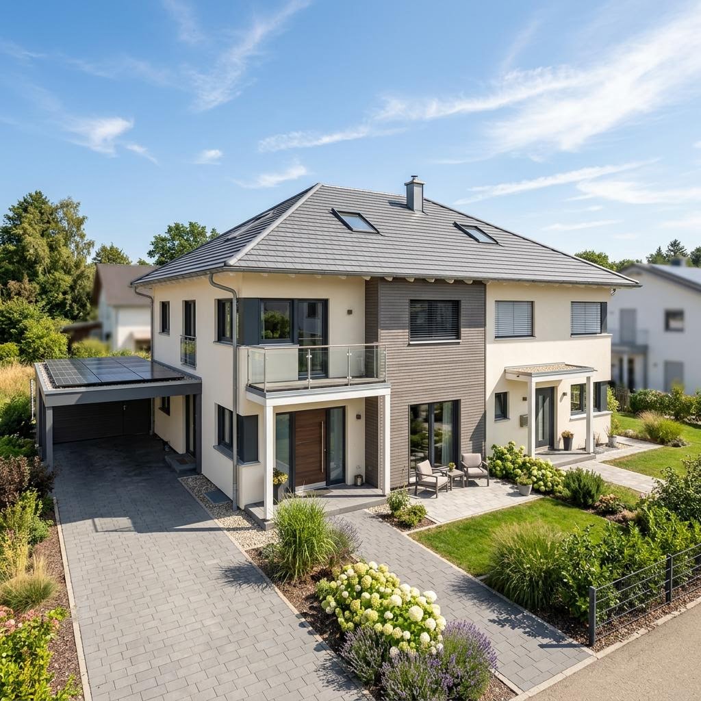 Zweifamilienhaus CELEBRATION 207 V4 des Herstellers Bien-Zenker mit Walmdach — Fertighausmodell mit rund Einliegerwohnung und 208 m²