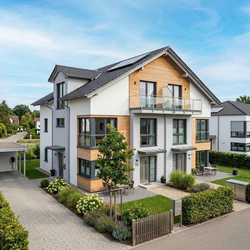 Zweifamilienhaus Family 194 des Herstellers Danwood mit Satteldach — Fertighausmodell mit rund zwei Wohneinheiten und 194 m²