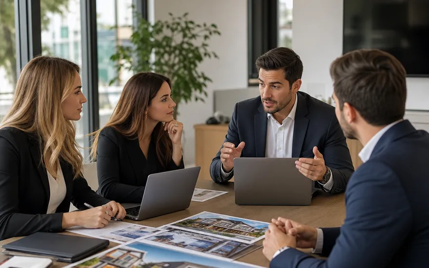 Immobilienmakler-Team im Fertighaus-Vertrieb bespricht die Strategie mit Laptops und Hausprospekten im Büro