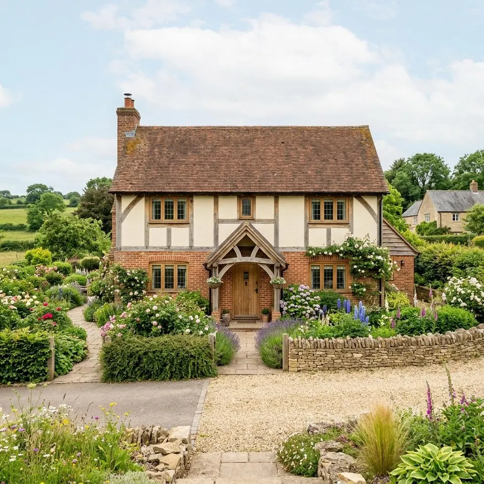 Selfbuild-Fertighaus im britischen Landhausstil mit Backsteinfassade und grünem Garten – Fertighaus Großbritannien