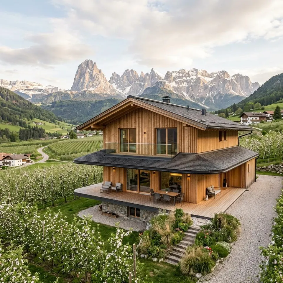 Holz-Fertighaus mit weitem Dachüberstand vor Südtiroler Bergpanorama in Italien – Fertighaus Italien