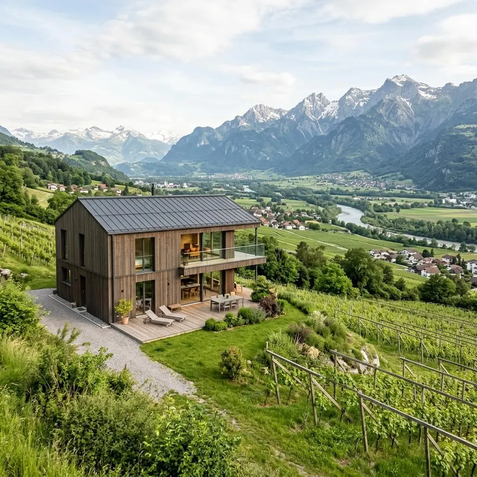 Holz-Fertighaus in Hanglage im Liechtensteiner Rheintal mit Bergblick – Fertighaus Liechtenstein