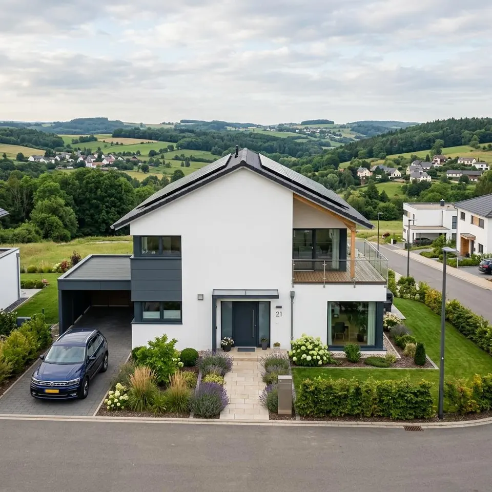 Niedrigstenergie-Fertighaus mit gepflegtem Vorgarten in einem Neubaugebiet in Luxemburg – Fertighaus Luxemburg