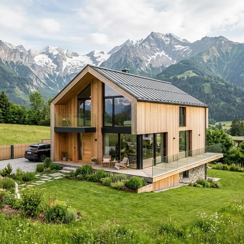 Zeitgemäßes Holz-Fertighaus mit Satteldach vor österreichischer Alpenlandschaft – Fertighaus Österreich
