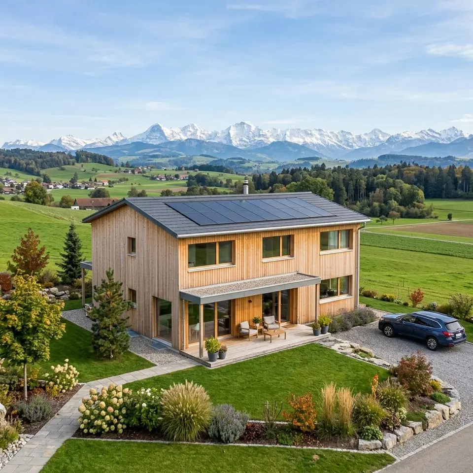 MINERGIE-Fertighaus mit Holzfassade im Schweizer Mittelland vor Bergpanorama – Fertighaus Schweiz