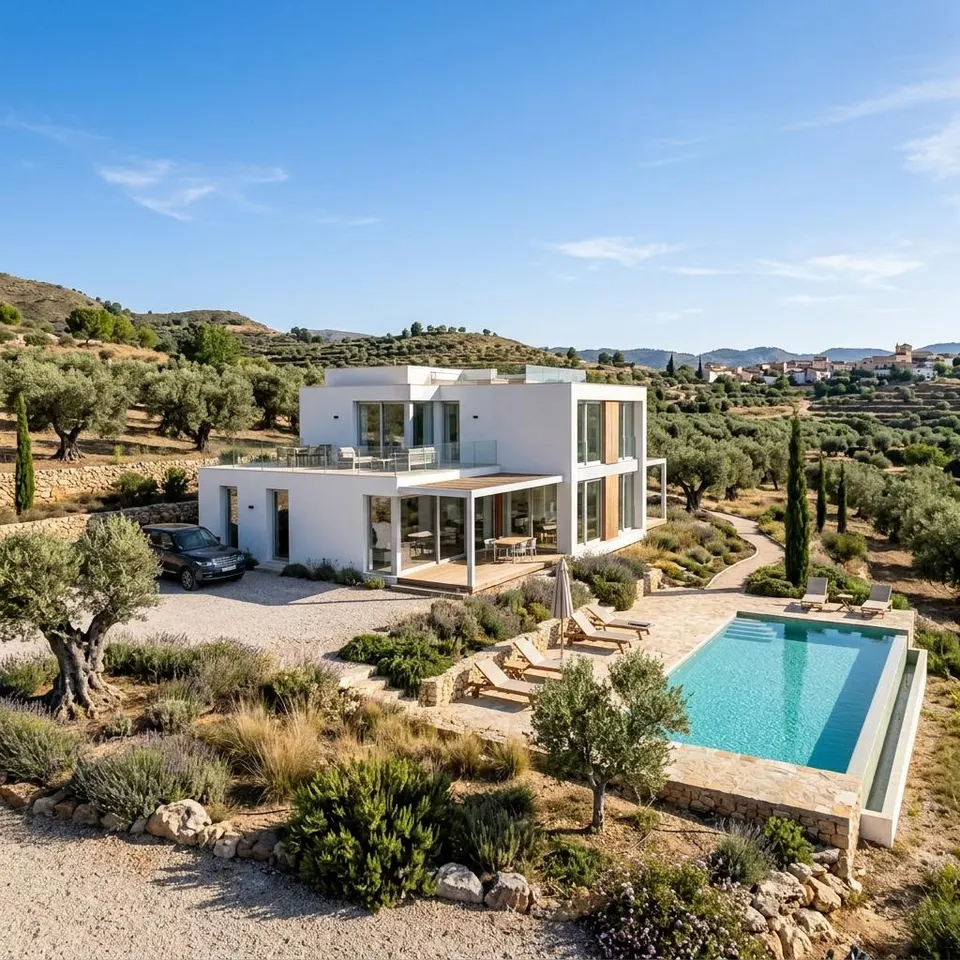 Weißes zeitgemäßes Modul-Fertighaus mit Flachdach und Pool unter blauem Himmel am Mittelmeer – Fertighaus Spanien