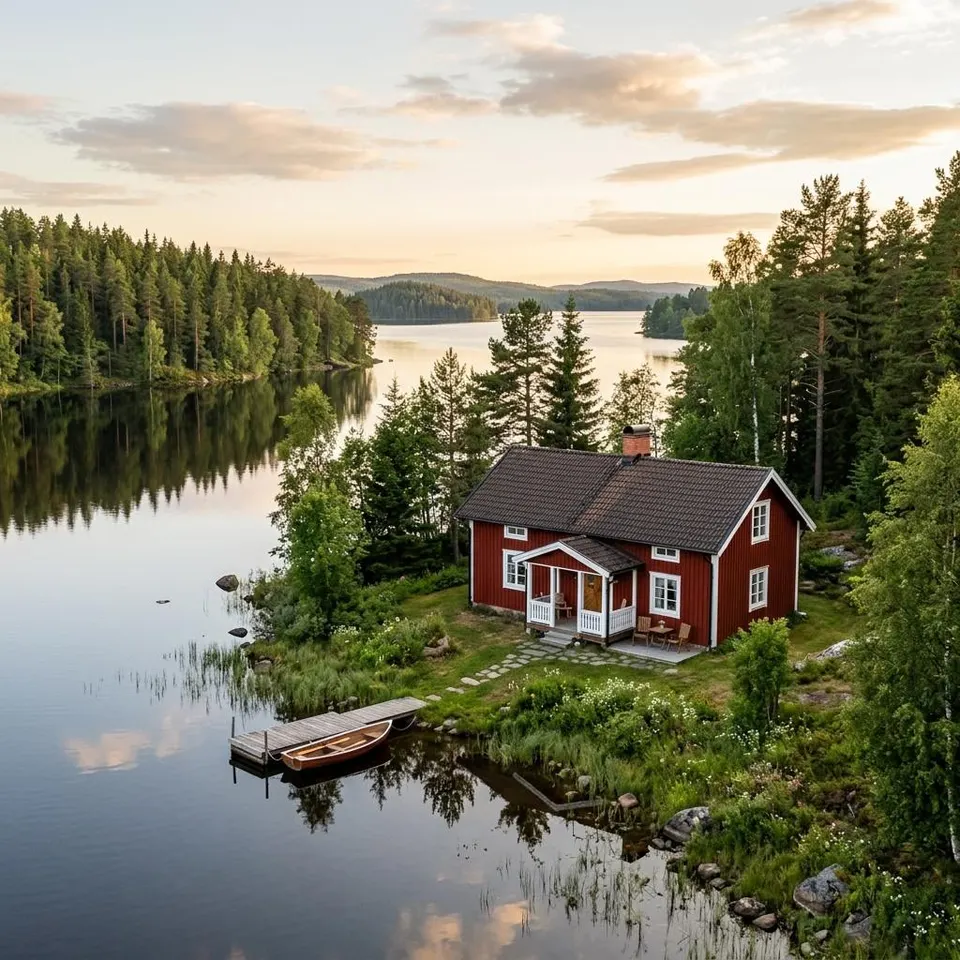 Rotes hölzernes Schwedenhaus mit weißen Fensterrahmen an einem See in Skandinavien – Fertighaus Skandinavien