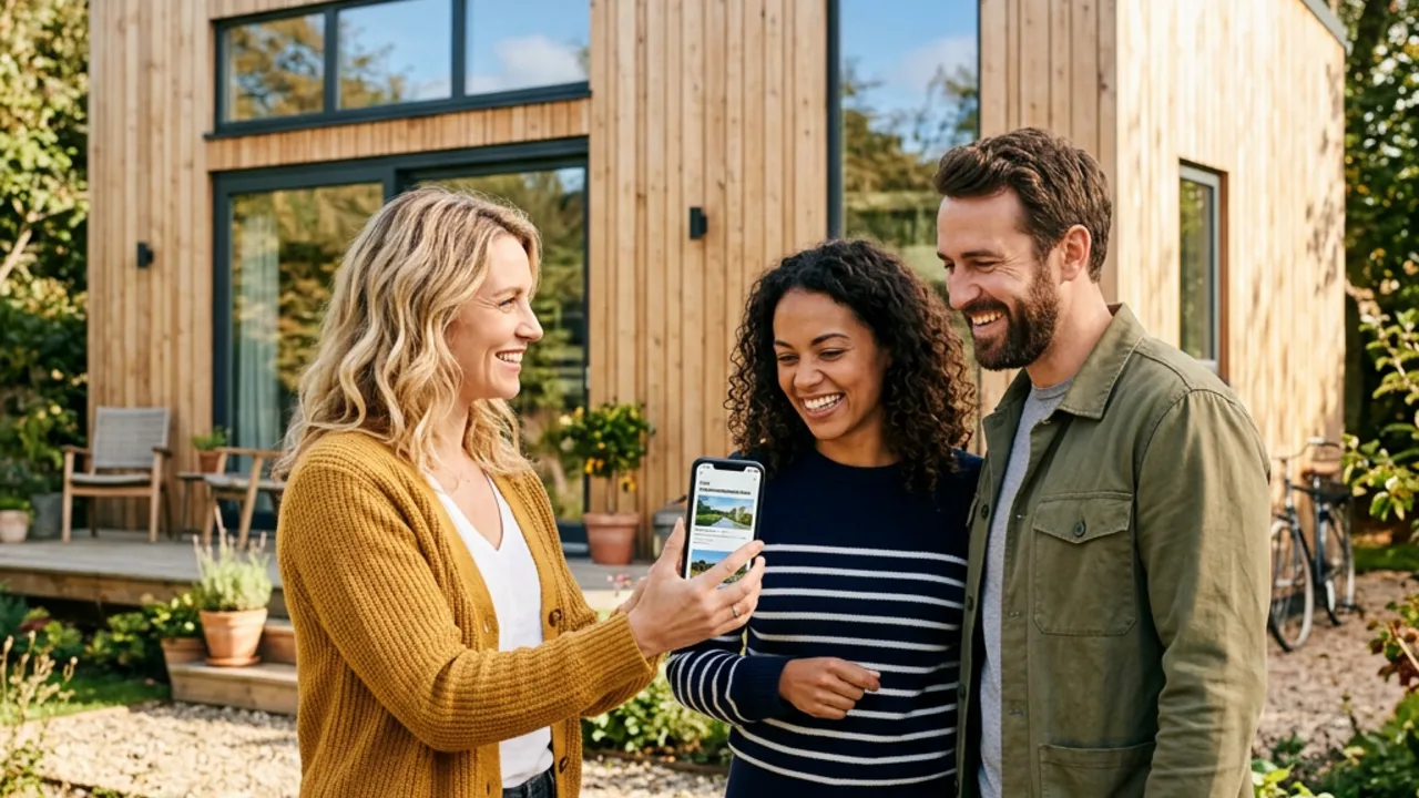 Tippgeberin zeigt einem Paar per Smartphone das Fertighaus-Portal – Tippgeber-Provision durch persönliche Empfehlung verdienen